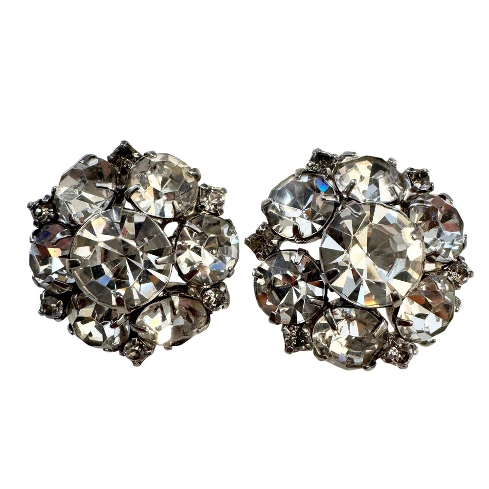 Vintage Round Diamante Rhinestone Statement Earrings Cluster Glam Sparkly Glitz - Picture 1 of 11